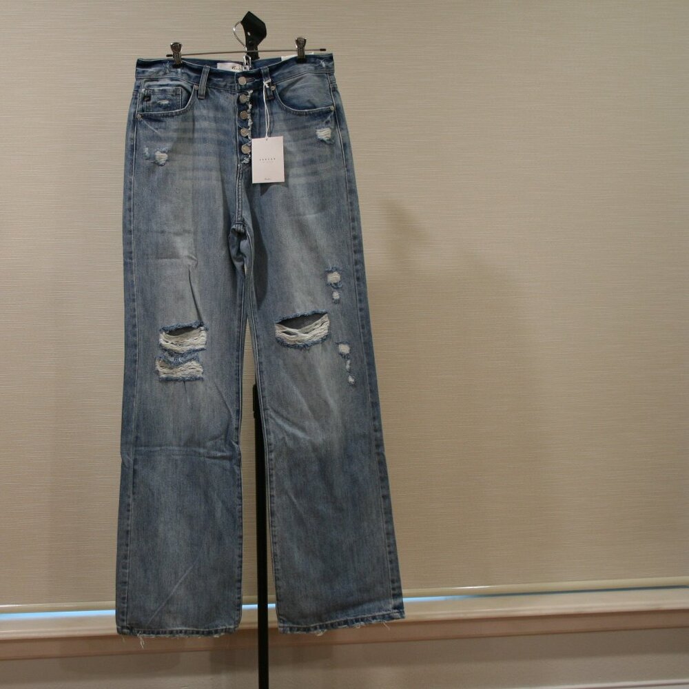 NWT KanCan Los Angeles Distressed 90s Flare Jeans Button Fly Size 7/27